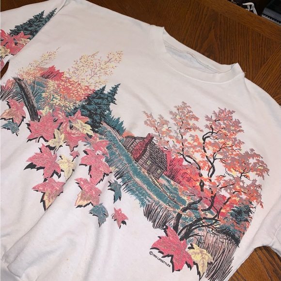 Vintage 90s Baggy Oversized Scenic Autumn Fall Foliage Cabin Print Sweatshirt - Picture 3 of 8